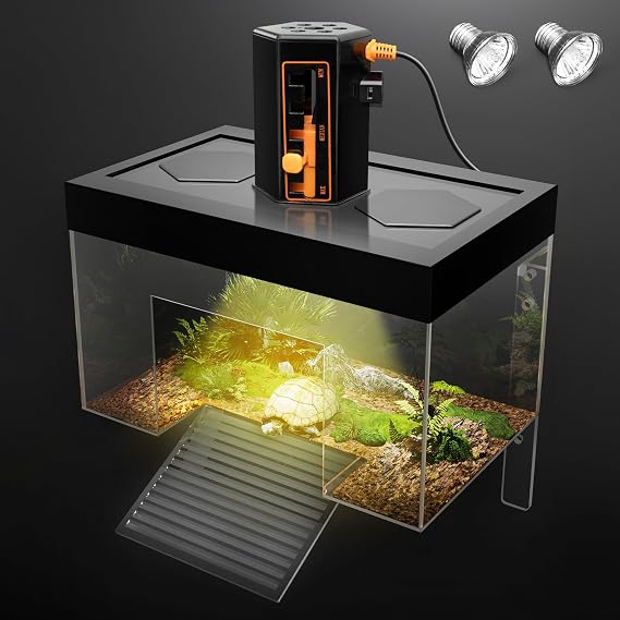 Turtle Basking Platform with Light,11.8*7.8*7.8inch Land Elevated Topper Decor,Red Eared Slider Hanging Habitat Enclosure Cage,Cuckold Tank with Lid,House for Semi Aquatic Baby Terrapin Large