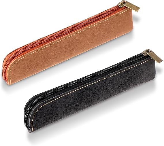 Amaxiu Slim PU Leather Pen Pencil Pouch, 2 Pcs Handcrafted Small Fountain Pen Holder Luxury Pen Case Thin Zipper Stationery Bag Vintage Pencil Organizer (Black+Brown)
