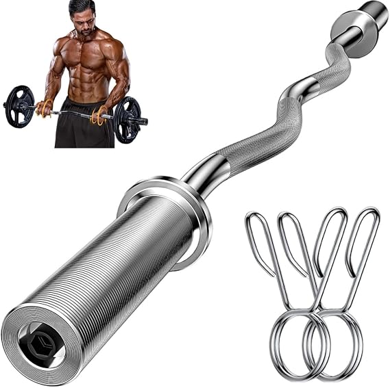 EXBTOKA Barbell Curl Bar for Squat, Weight Lifting, Bicep Curl, 47" Olympic EZ Curl Bar for 2-inch Weight Plate Weight Bar for Home Gyms(2 Spring Collars Included)
