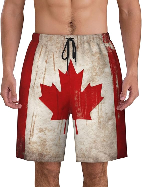 Men's Hawaiian Beach Shorts Peach Velvet Quick Dry Swim Shorts Summer Board Shorts Retro Canada Flag Bathing Suit