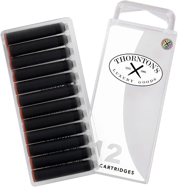 Thornton's Luxury Goods Short Standard International Fountain Pen Ink Cartridges Brown Ink Pack of 12 Refills for Classic Calligraphy Pens Compatible with All Brand Neutral PH Smooth Flow Re-Closable