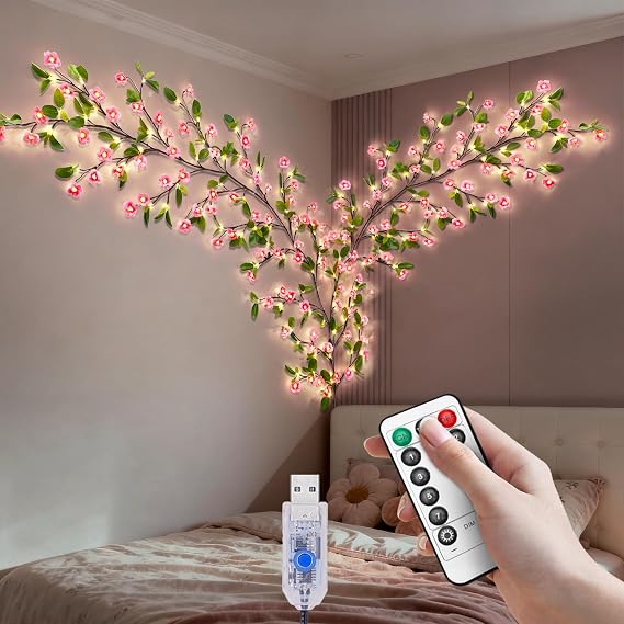Cherry Blossom Lights with Green Leaf,48 LED Pink Flower Fairy Vine Lights for Bedroom,3.95Ft 8 Modes Twinkling Tree Branch Light with Remote,Timer,Blossom Garlands for Wall Room Christmas Decoration [Energy Class A]