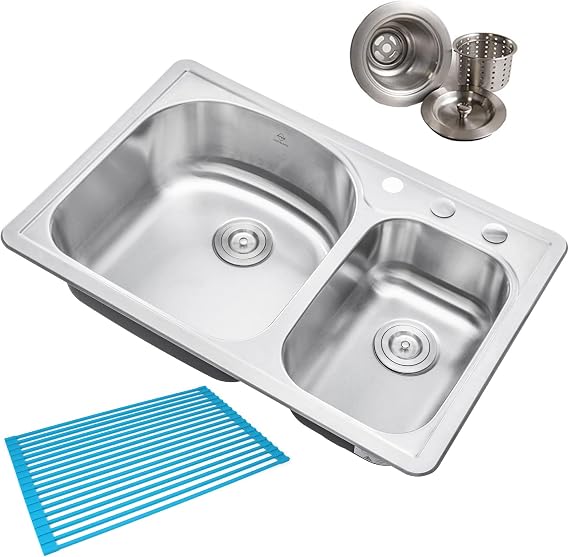 CozyBlock 33 x 22 x 8 Inch 70/30 Offset Top-mount/Drop-in Stainless Steel Double Bowl Kitchen Sink with Strainer and Silicon Dishrack - 18 Gauge Stainless Steel-3 Faucet Hole