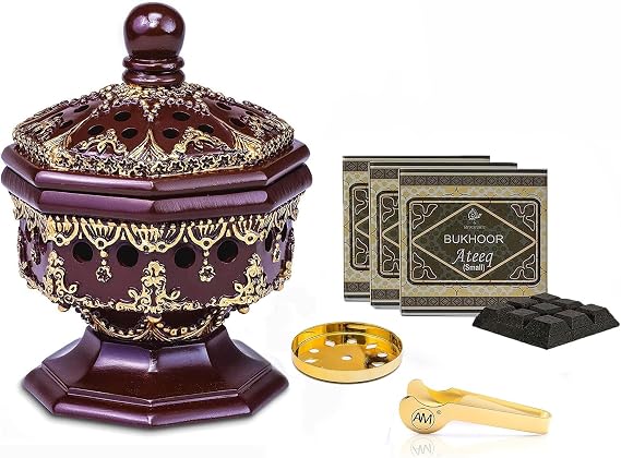 AM Luxury Octagon Charcoal Incense Burner (Brown) and Bakhoor Ateeq Incense 3 Pack (40g) Bundle