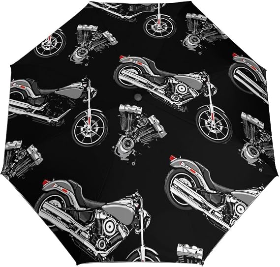 Windproof Travel Umbrella Cool Black Motorcycle, Automatic Umbrellas for Rain & Sun, Outdoor Portable Sun Umbrellas, Durable & Compact Umbrella with Case