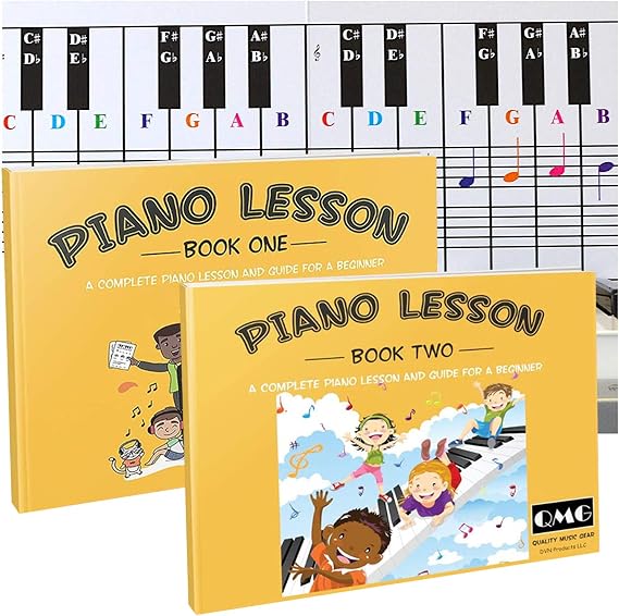 QMG Piano and Keyboard Note Chart and Complete Color Note Piano Music Lesson and Guide Book 1 and Book 2 for Kids and Beginners; Designed and Printed in USA