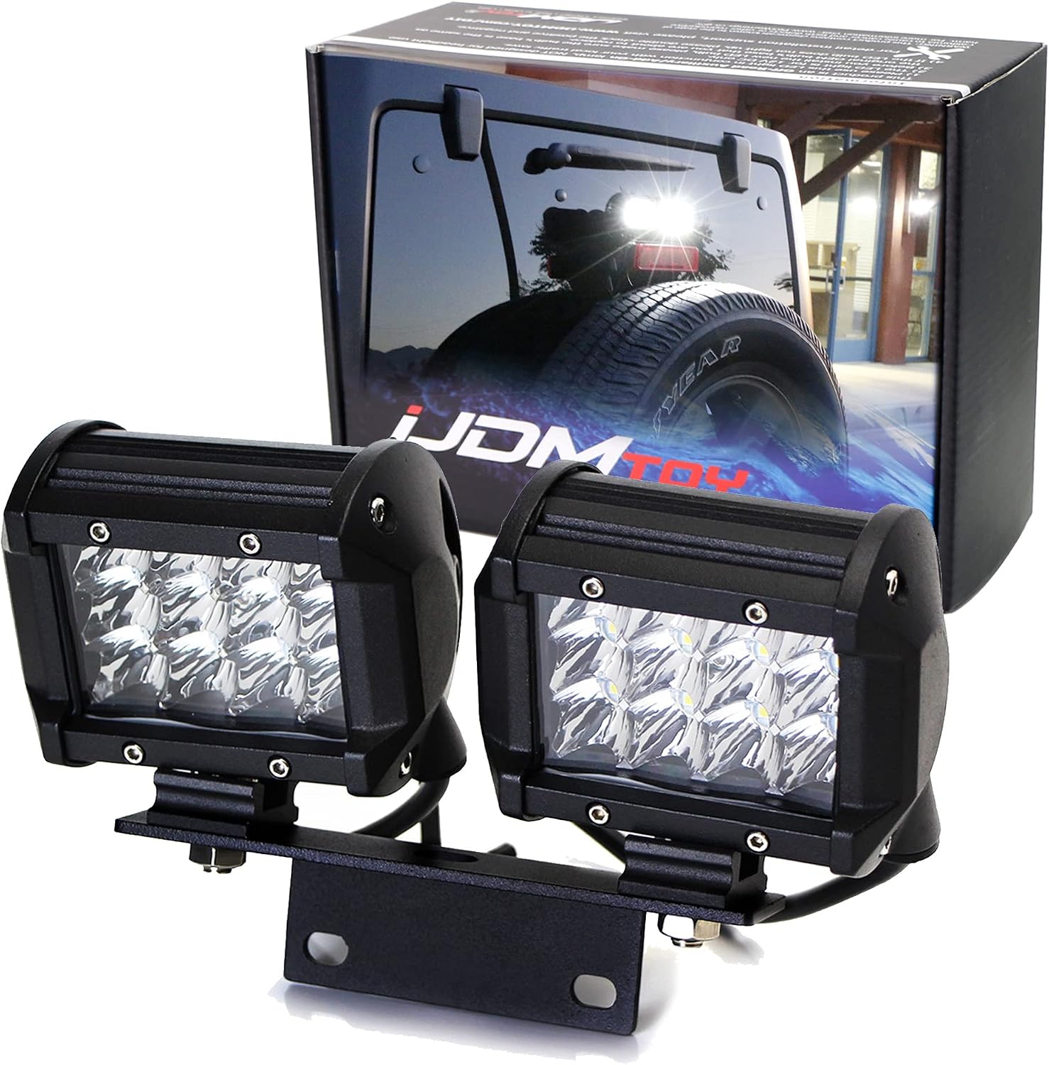 iJDMTOY Above 3rd Brake Dual LED Rear Lights Compatible With Jeep 2007-17 Wrangler JK, Includes 2 36W LED Pod Lamps, Brake Lamp Mount Bracket & Relay Wiring Switch As DrivingSearch, Reverse Lights
