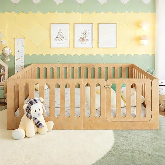 Bellemave Montessori Full Floor Bed with Playful Door & 23.6" H Guardrails, Solid Wood Montessori Floor Bed Frame, Low Profile & Rounded Corner Safe Design, No Slats, No Box Sring Needed, Natural