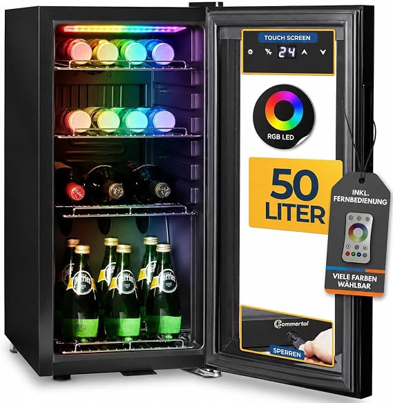 Sommertal GK50 Drinks Refrigerator 50 L RGB LED Glass Door Touchscreen Quiet Bottle Fridge Black with Lock Small & Compact for Drinks Beer Wine Soft Drinks & Energy Saving [Energy Class E]