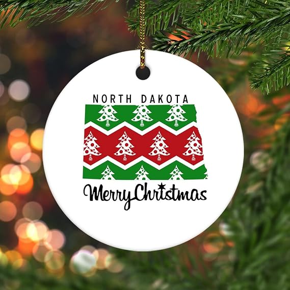 Novelty Christmas Decorations Merry Christmas US North Dakota State Map Christmas Ornaments for Xmas Tree Round Keepsake Porcelain Bauble Stocking Stuffer Souvenir Gift for Parents Kids Children