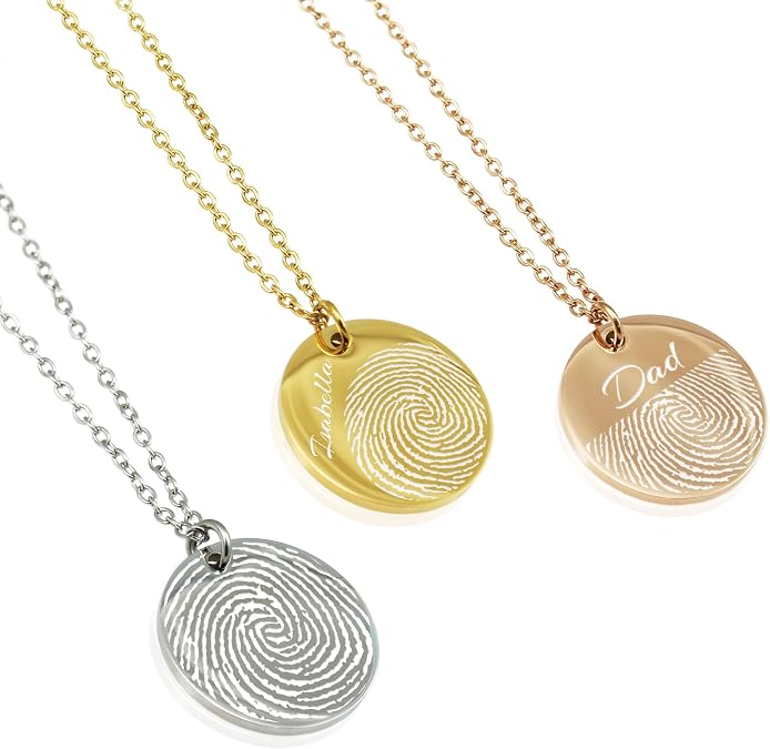 Actual Fingerprint Necklace Woman Engraved Fingerprint Jewelry Bereavement Jewelry Stainless Steel Round Pendant Personalized Memorial Mom Necklace