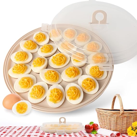 HAKSEN Deviled Egg Platter, Brown Deviled Egg Containers with Lid | Carrier Holder Trayswith 22 Slots, Holiday Party and Home Kitchen