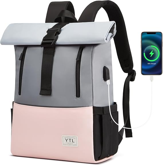 YTL Rolltop Backpack for Men and Women, Lightweight Backpack, Waterproof Bag, Cycling Backpack, Travel Backpack, School Bag, Teenager Backpack, Women, Many Compartments with 15.6 Inch Laptop