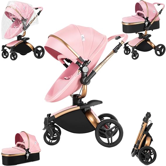 MoLi 2 in 1 Baby Bassinet Stroller, Convertible Foldable Standard Stroller, Reversible Pushchair Infant Buggy Carriage, Portable High Landscape Pram for Toddler Newborn, Aluminum Alloy (HR005-Pink)