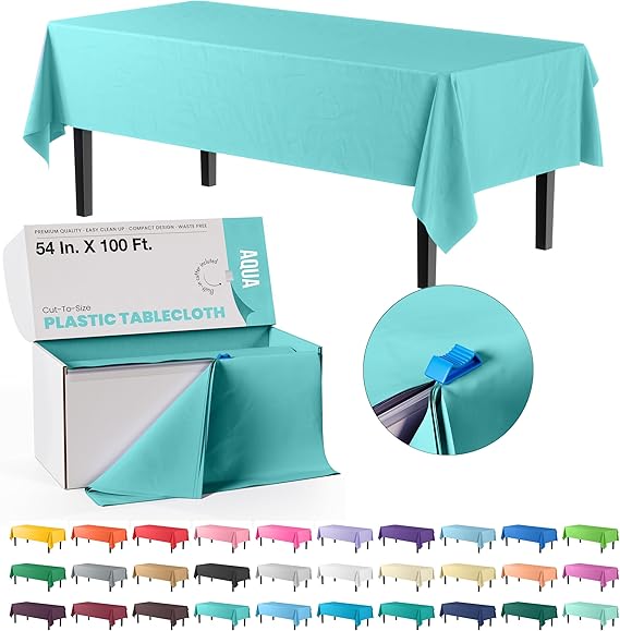 Party Solids 54 Inch X 100 Feet Aqua Plastic Table Cover Roll in A Cut - to - Size Box with Convenient Slide Cutter. Cuts Up to 12 Rectangle 8 Feet Plastic Disposable Tablecloths