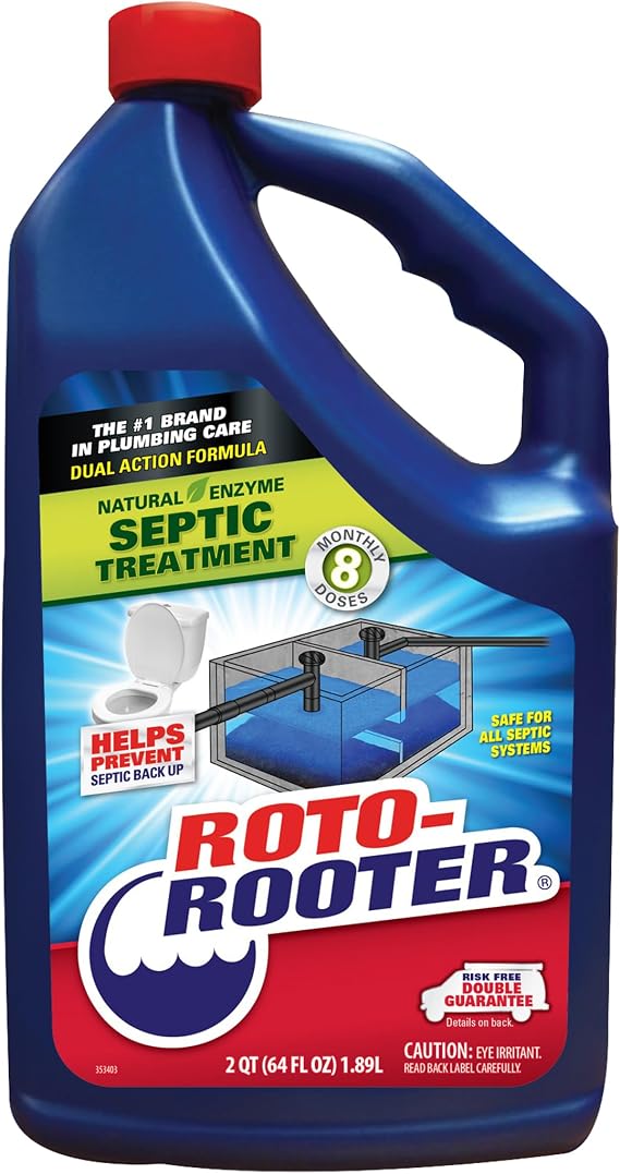 Roto-Rooter Dual Action Septic Treatment, Natural Enzymes Help Prevent Septic Buildup and Remove Odor, Safe for Septic Systems, Toilets, Pipes, Drains and Sinks, Professional Strength, 64 oz Bottle