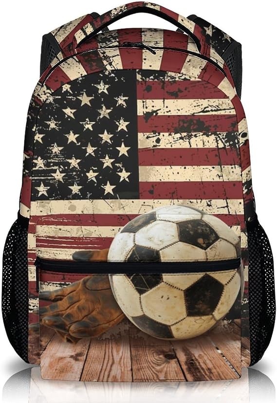 Boys Backpack Soccer Sport Backpacks for Kids Teens Soccer Fans, Retro Flag Print Bookbag for Back to School Gift