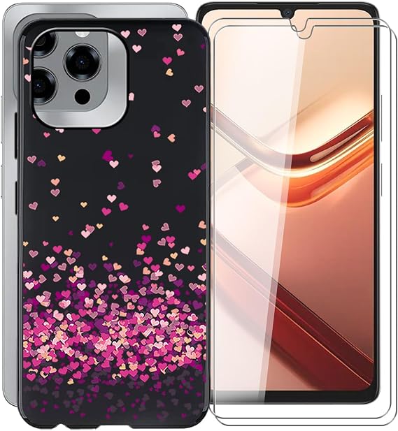 for Doogee Note 58 Pro Phone Case + 2 X Tempered Glass Screen Protector, Ultra-Thin Soft TPU Silicone Shell Shockproof Protection Case for Doogee Note 58 Pro (6.75") - Pink Love