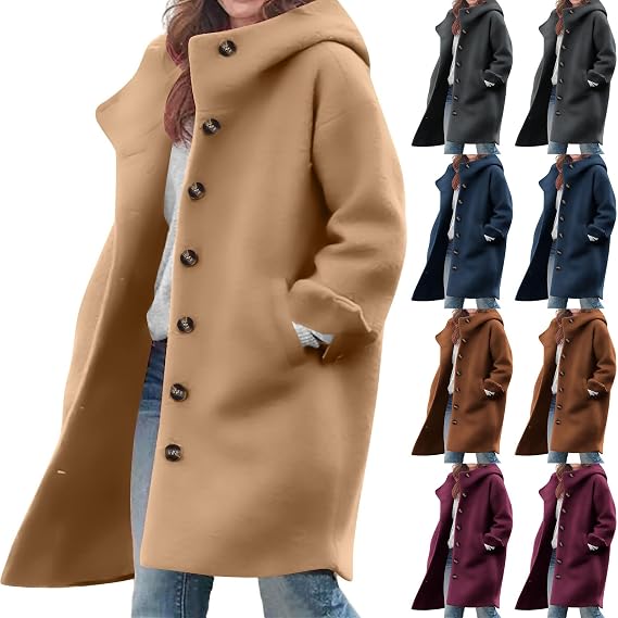Winter Coats for Women Single Breasted Long Pea Coat with Hooded Casual Wool Blend Trench Coat Jacket Trendy Peacoat