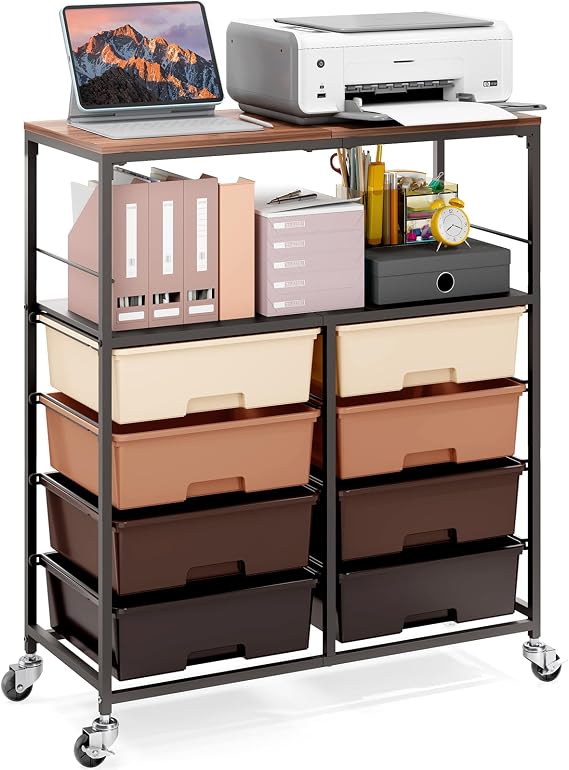 APEXCHASER Rolling Storage Cart with 8 Large Drawers, Wooden Tabletop