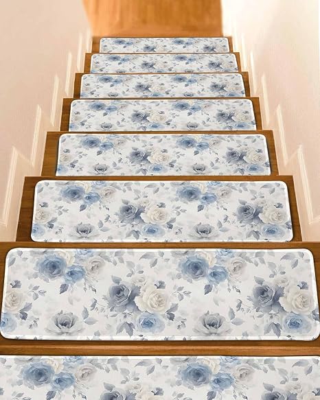 Blue White Floral Stair Treads for Wooden Steps Indoor, 4 Pack Non Slip Carpet Stair Treads for Kids Elders and Dogs with Reusable Adhesive, 8x30 inch Step Mats Botanical Garden Flowers Leaves