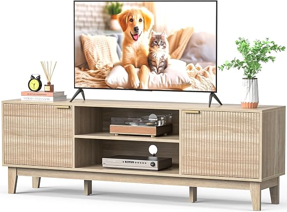 TV Unit, 178cm Fluted TV Stand Cabinet, Mid-Century Modern TV Console for TVs up to 80 inch, Farmhouse TV Cabinets with 2 Storage, Media Console Table for Living Room, Oak