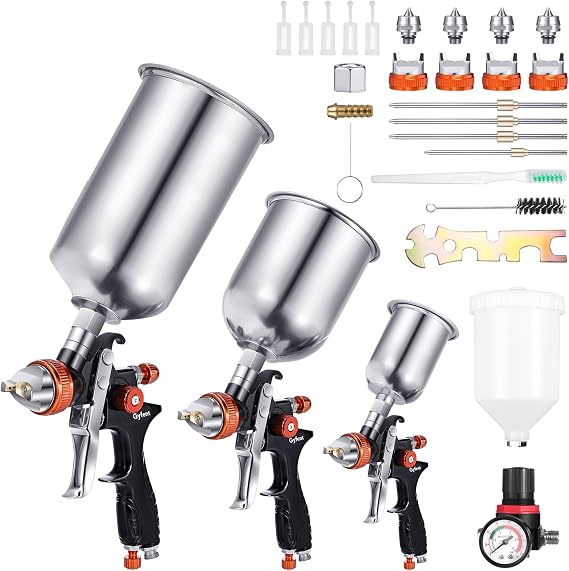 Spray Paint Gun Set, 3 HVLP Air Paint Spray Guns, 4 Nozzles, 4 Cups