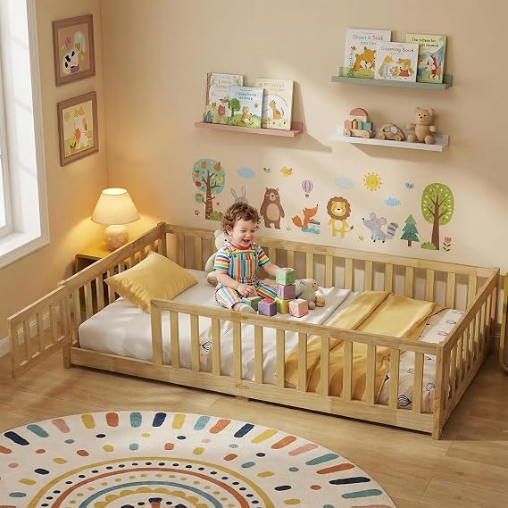 Twin Size Floor Bed Frame with Slats and Fence for Kids,Solid Wood Montessori Floor Bed with Door and Safety Guardrails for Kids Girls Boys,Natural