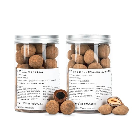 Haupt Lakrits Choc Licorice Bundle Salty Swedish Black Licorice Coated with Milk Chocolate & Chili & White Chocolate with Honey Caramelized Almonds 2-Pack, 8.8 oz each