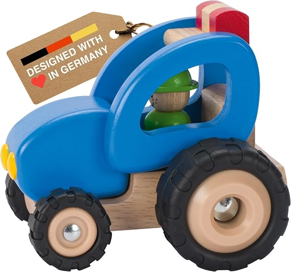Goki Wooden Tractor Toys for Toddlers 1-3 (Blue) Durable Push Car for Ages 2+ Farm Play Vehicle - Eco-Friendly Wooden Baby Toy - Supports Early Motor Skills - Sustainable Wood Construction