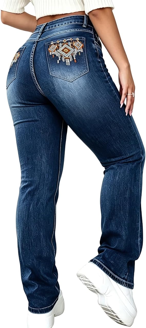 Plus Size Bootcut Jeans Women - Western Flare Jeans with Aztec Embroidered Stretchy Denim Pants Curvy