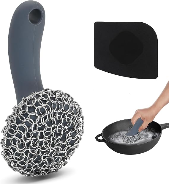 Cast Iron Scrubber with Long Handle Dish Scouring Pad Chainmail Cleaner | 316 Cast Iron Scrubber for Pan Skillet, Dishwasher Safe Cleaning Kit (Grey, 1 Scrubber + 1 Scraper)