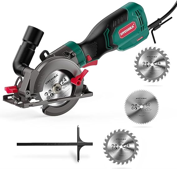 HYCHIKA 6.2A Mini Circular Saw with 3 Blades (4-1/2), Compact Hand Saw Max 1-7/8" Cutting Depth, 3500RPM, Rubber Handle & 10ft Cord for Wood, Metal, Plastic, Tile