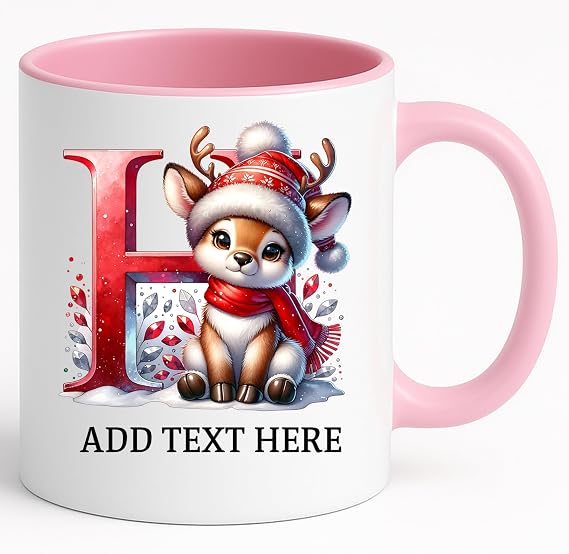 Personalized Reindeer Christmas Initial Mug Custom Letter AZ Monogram, Add Name/Date | 11 Ceramic, Dishwasher & Microwave Safe, Bulk/Wholesale cups (Pink)
