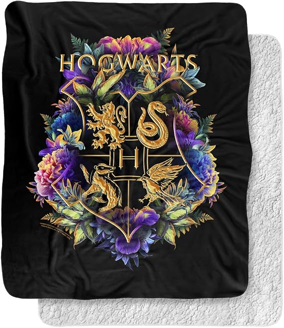 50"x60", Hogwarts Multi-Colored Floral Crest Silky Touch Sherpa Back Super