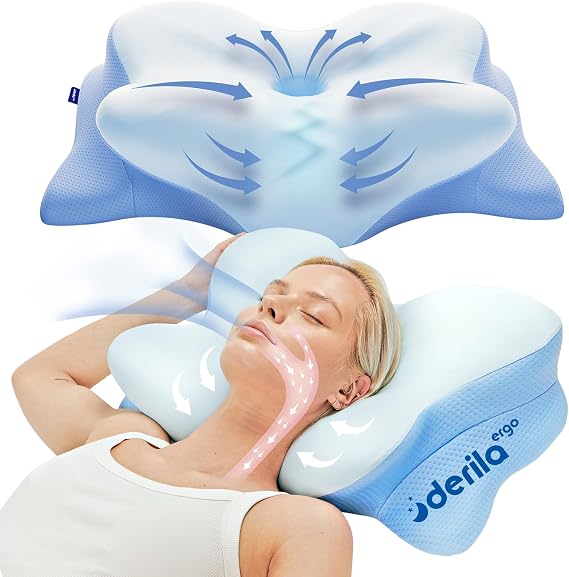Derila Ergo Cervical Neck Pillow for Sleeping Ergonomic Pillow Contour Neck Support Memory Foam Pillow for Back Side Sleepers 21.25 x 14.25 x 4.75 inches | Back Pillow, Side Sleeper 54 x 36 x 12 cm