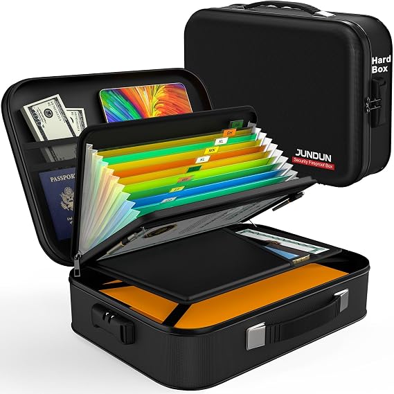 JUNDUN Fireproof Document Box with Lock Hard case Water Resistant | Fireproof Document Organizer ,Home Travel Portable Safe Storage Box Case for Documents,Files and Passpor