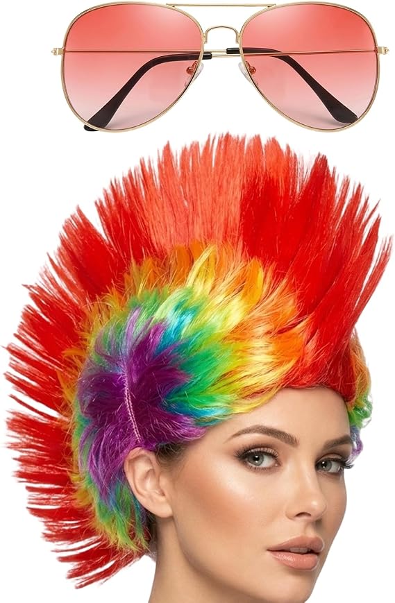 Mohawk Wig, Funny Wigs with Sunglasses, Punk Rocker Costume Accessories for Cosplay Events and Music Festivals, Themed Party Wear and Alternative Fashion Style