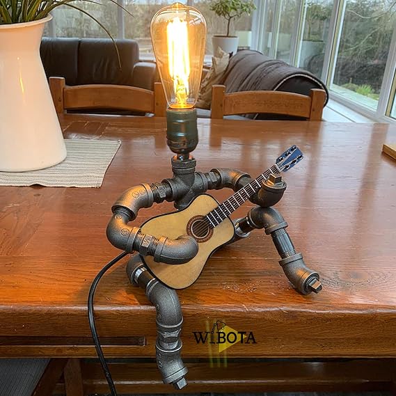 Steampunk Guitar Pipe Robot Table Lamp, Adjustable Industrial Water Pipe Desk Lamp with Wooden Guitar & Edison Bulb,Music Lovers, Bedside, Bar Cafe - Cool Unique Gifts