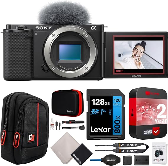 Sony ZV-E10 Mirrorless Alpha APS-C Interchangeable Lens Vlog Camera Body ILCZV-E10/B Black Bundle with CPS 2 YR Extended Protection Pack + Deco Gear Case + 128GB Memory Card & Accessories Kit