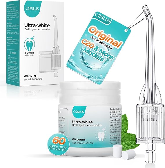 COSLUS Whitening Water Flosser Replacement Tips with 60 Pcs Mint Refills