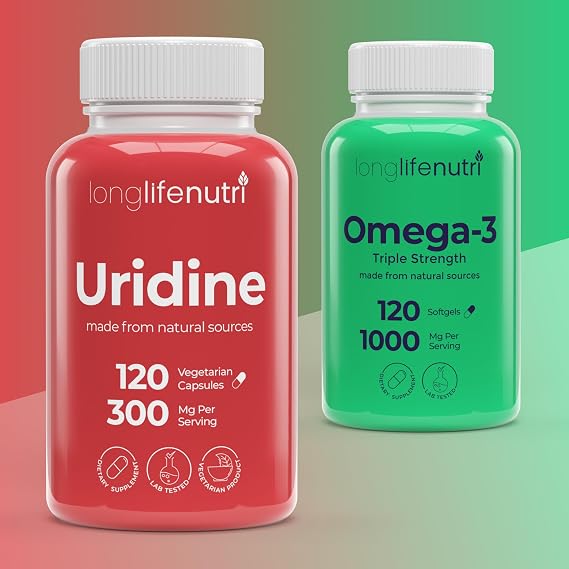 LongLifeNutri Uridine Monophosphate 300 mg & Omega-3 Fish Oil 1000 mg Bundle 120 + 120 Softgels/Veg Caps, 4 & 4 Month Supplies, Nucleotide & Essential Fatty Acid Support, GMP Certified, Made in USA