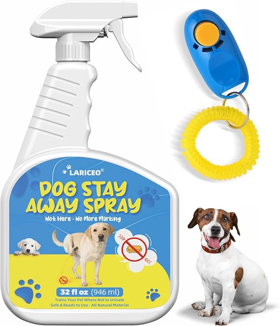Dog Boundary Training Support Spray with Clicker, 32 Fl Oz | Use indoors or outdoors, then reapply after cleaning or heavy exposure when the training cue needs refreshing.