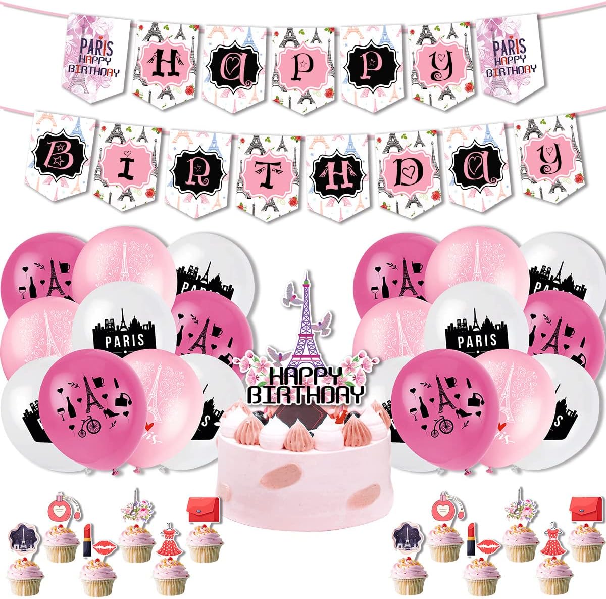 Paris Party Decorations Eiffel Tower Paris Themed Birthday Banner Balllons Cake Cupcake Toppers for Girls Birthday Paris Party Supplies Wedding Baby Shower Decorations Romantic Photo Booth