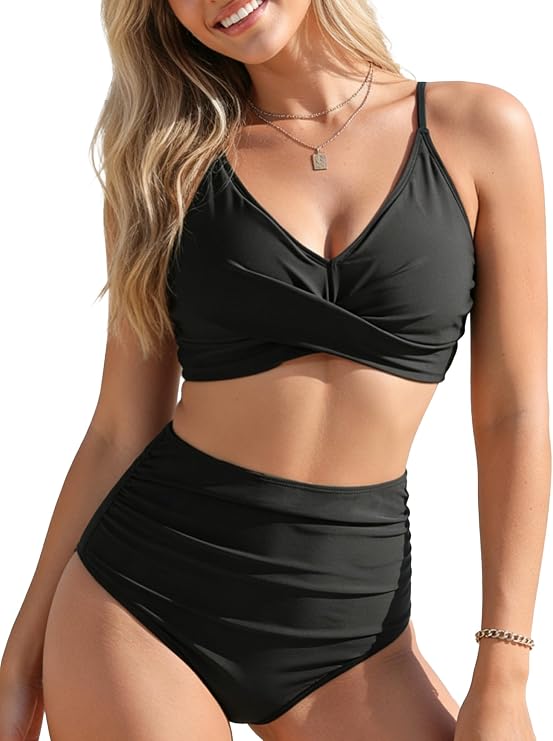 Buauty High Waisted Bikini Sets for Women Twist Front V Neck Two Piece Swimsuit Ruched Tummy Control Bottom