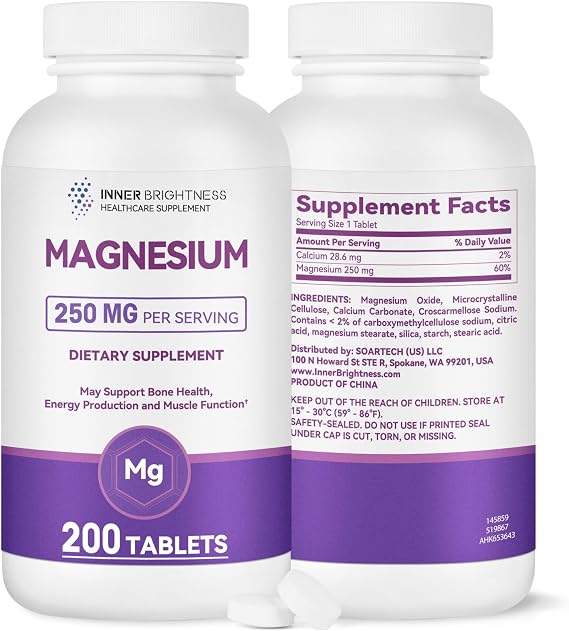 Pure Magnesium 250mg Supplement with Calcium High Absorption Magnesium Tablets for Bone Strength, Muscle Function, Relaxation & Sleep Support 200 Day Supply, Vegan, Non-GMO