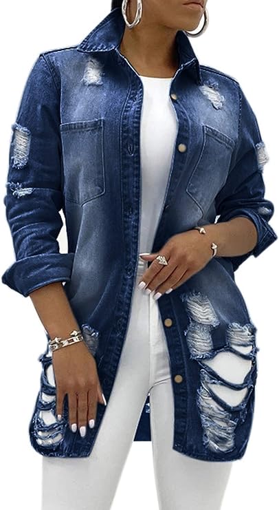SeNight Women's Camo Denim Jacket Frayed Hem Distressed Trucker Coat