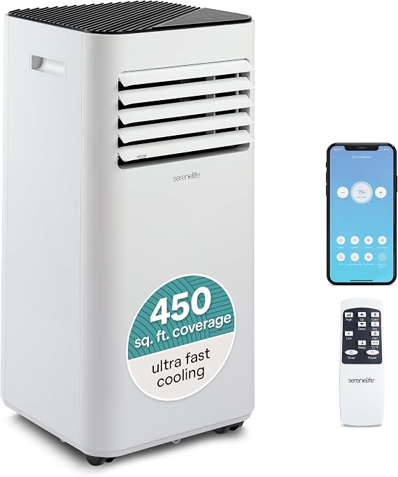 SereneLife Smart Portable Air Conditioner, 10,000 BTU Small AC Unit with Wi-Fi Function, Dehumidifier and Fan, Mini AC Unit with 450 Sq. Ft. Coverage, and Window Mount Kit for Room