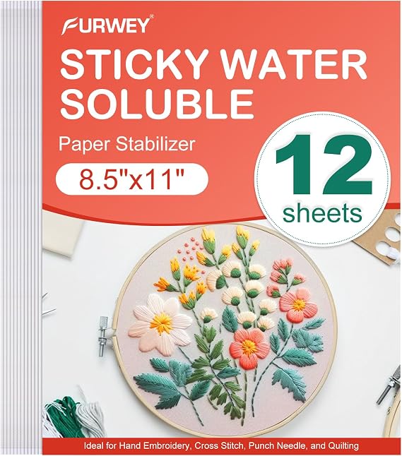 FURWEY Water Soluble Stabilizer for Embroidery,12PCS 8.5x11,Self Adhesive