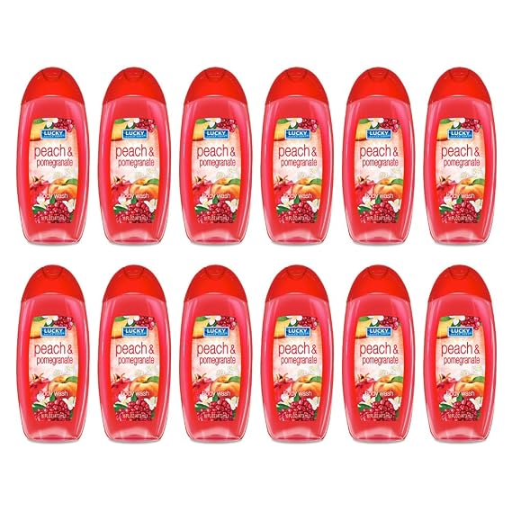 Lucky Super Soft Peach and Pomegranate Body Wash. Soothes, Softens and Moisturizes your Skin. 16 fl.oz / 473 ml. Pack of 12